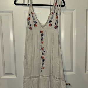 White Embroidered Tie-Strap Sundress with Navy & Orange Floral Detail